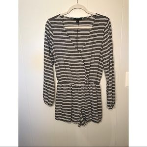 Gray and white striped romper size Large.